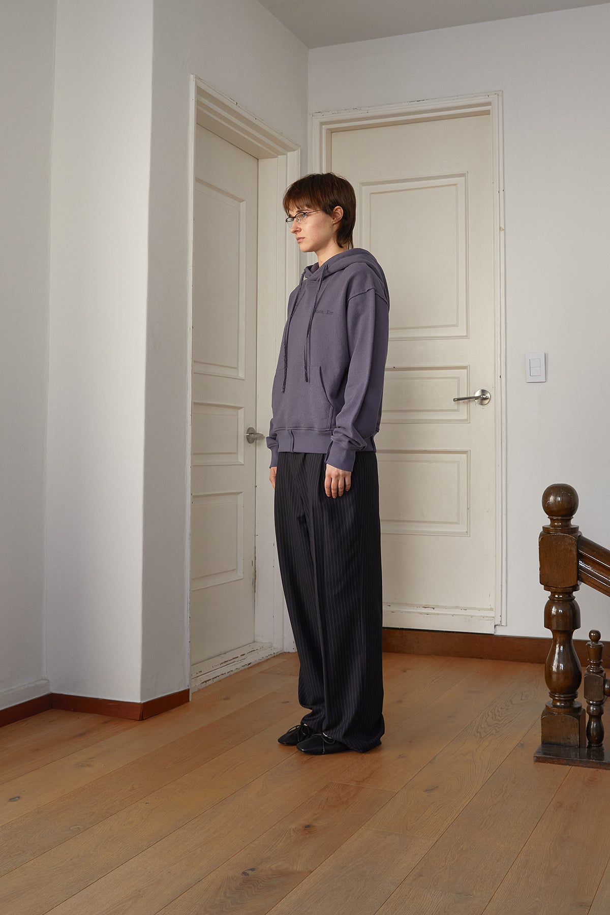 Matin Kim - Rib Cut Detail Logo Hoody (Smoke Blue) product image 7 | TRAB K-Fashion Australia