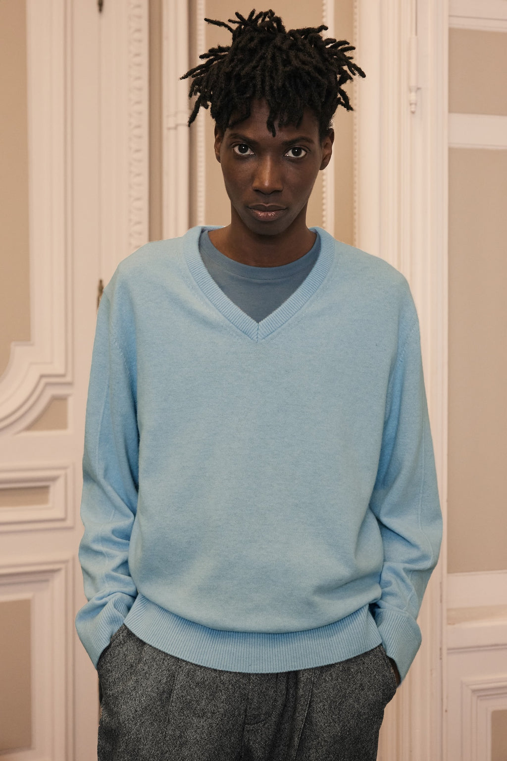 STU - Pin Tuck V-neck Knit (Sky Blue) product image 15 | TRAB K-Fashion Australia