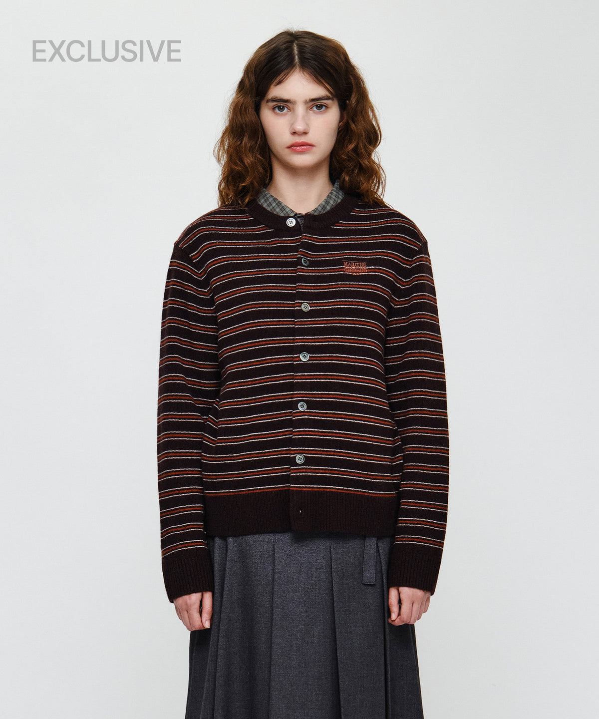 Marithe & Francois Girbaud - Premium Small Classic Logo Wool Round Neck Cardigan (Brown) product image 1 | TRAB K-Fashion Australia
