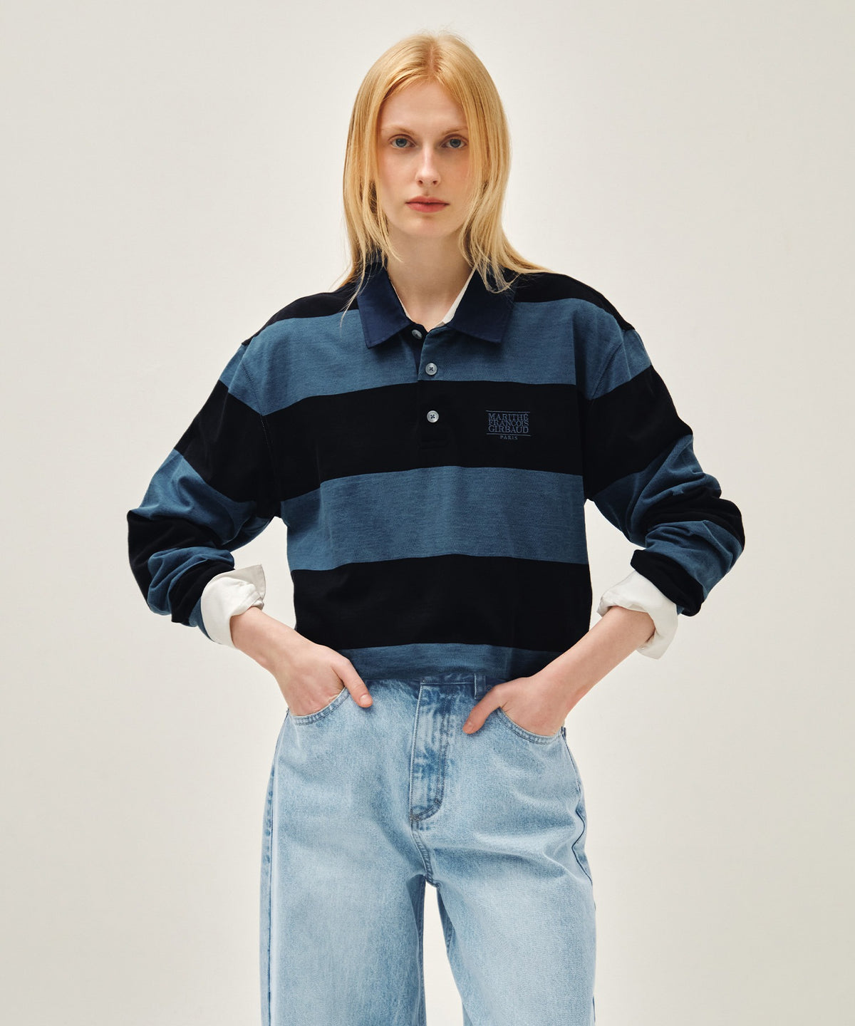 Marithe & Francois Girbaud - Washed Denim Collar Long Sleeve Tee (Blue) product image 1 | TRAB K-Fashion Australia