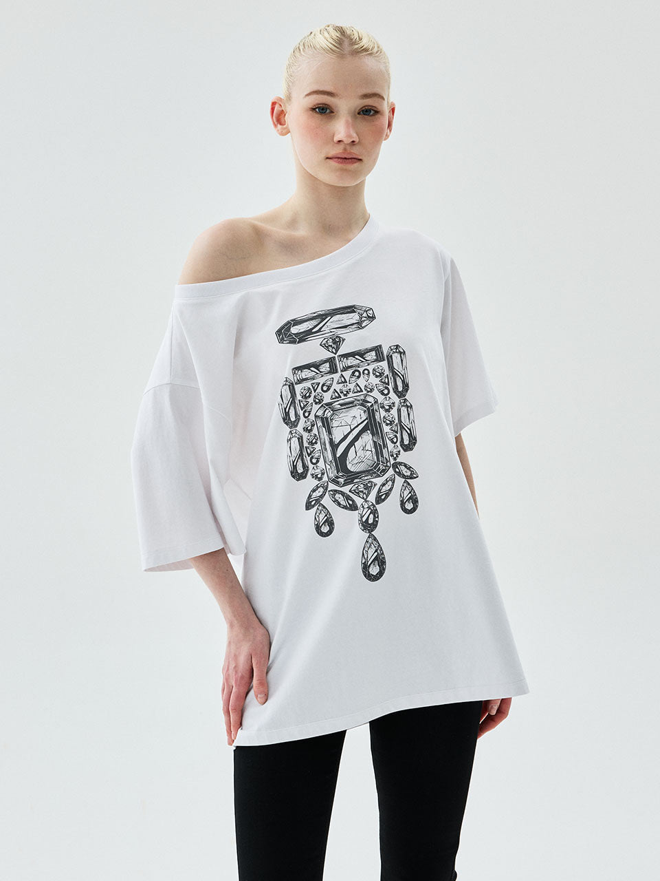 Mardi Mercredi - Oversized Tshirt Off Shoulder Bijou (White Grey) product image 1 | TRAB K-Fashion Australia
