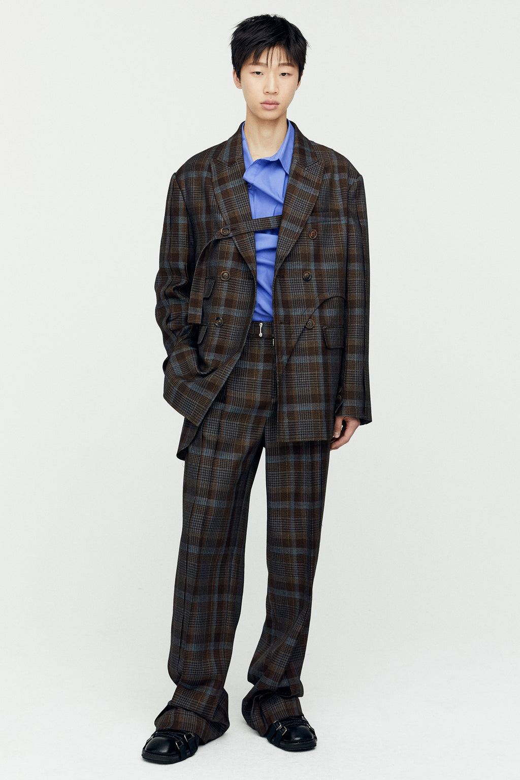 Andersson Bell - Soe Check Wrap Double Breasted Jacket (Brown) product image 2 | TRAB K-Fashion Australia