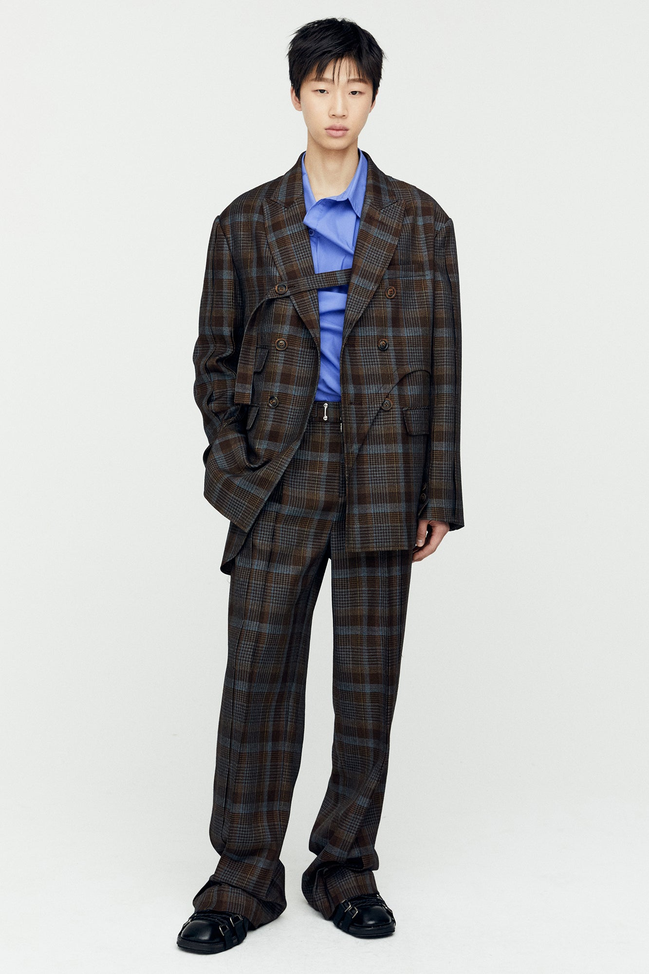 Andersson Bell - Soe Check Wrap Double Breasted Jacket (Brown) product image 2 | TRAB K-Fashion Australia