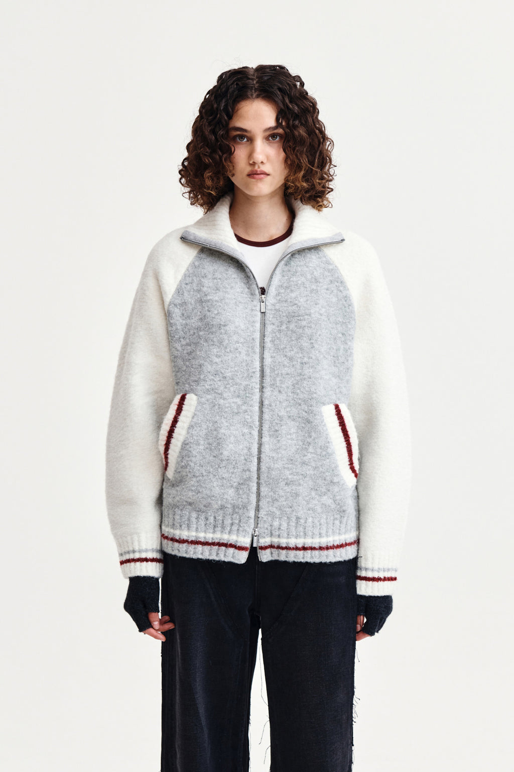 Matin Kim - High Neck Raglan Knit Zip Up (Ivory) product image 5 | TRAB K-Fashion Australia