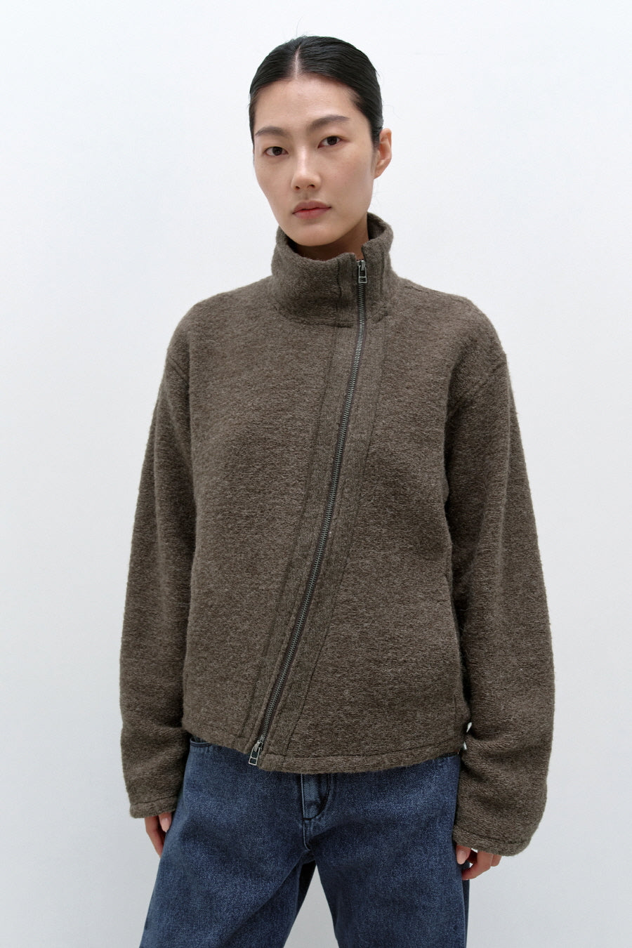 Insilence - Slanted Zipper Wool Jacket (Brown) product image 1 | TRAB K-Fashion Australia