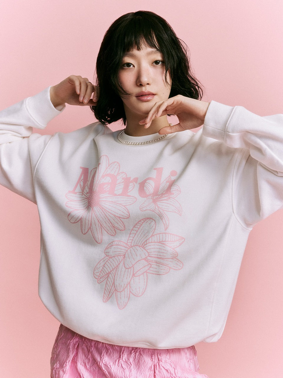 Mardi Mercredi - Sweatshirt Triple Flower (White Pink) product image 1 | TRAB K-Fashion Australia