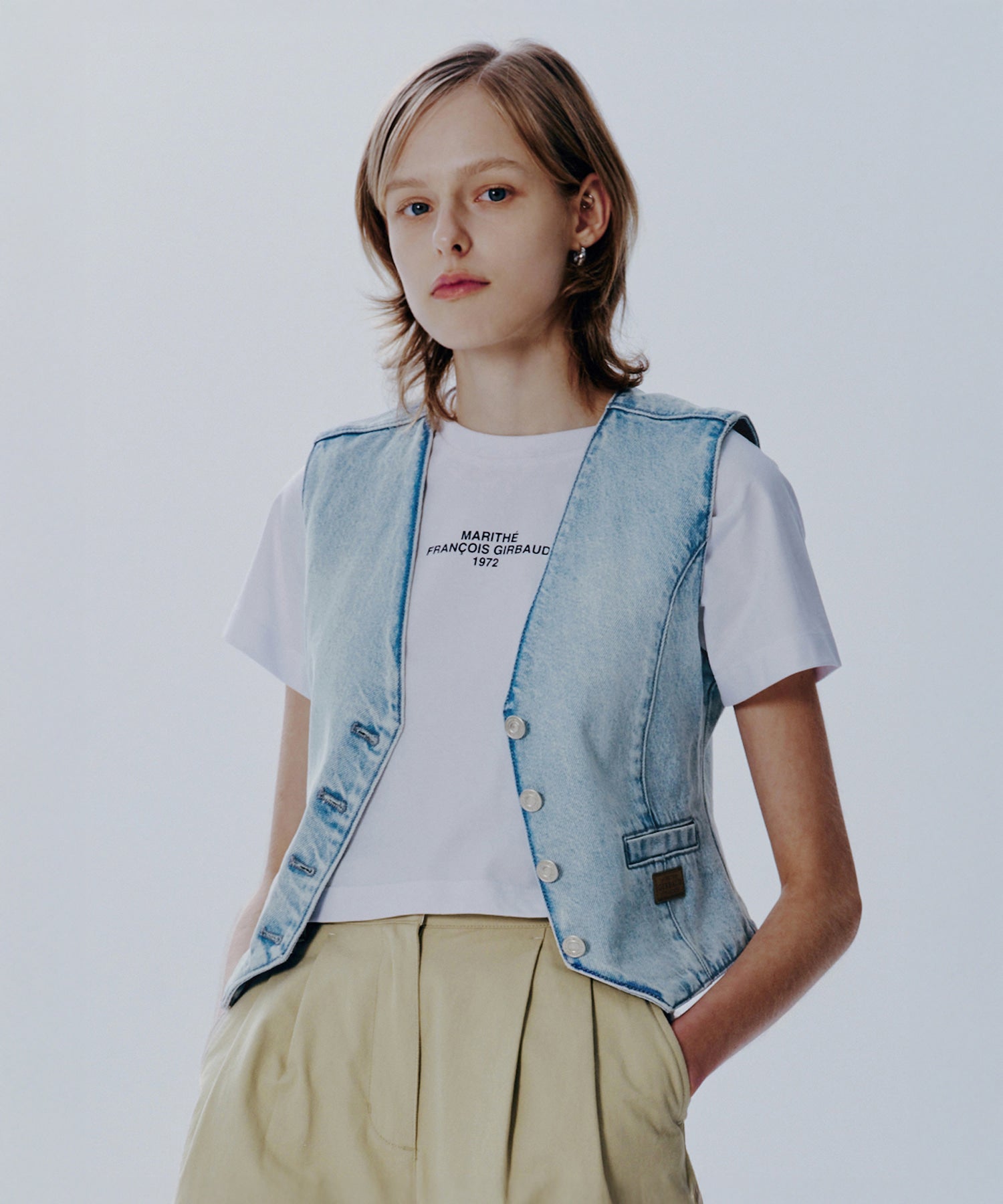 Marithe & Francois Girbaud - V-neck Button Denim Vest (Light Blue) product image 1 | TRAB K-Fashion Australia