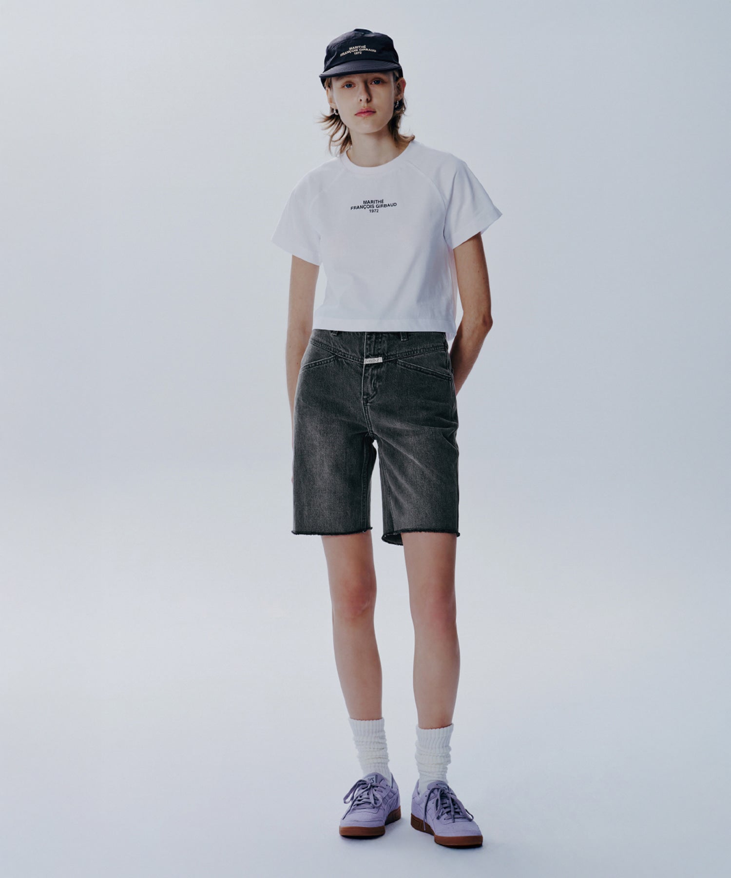 Marithe & Francois Girbaud - X-pocket Raw Edge Half Denim Pants (Light Gray) product image 1 | TRAB K-Fashion Australia