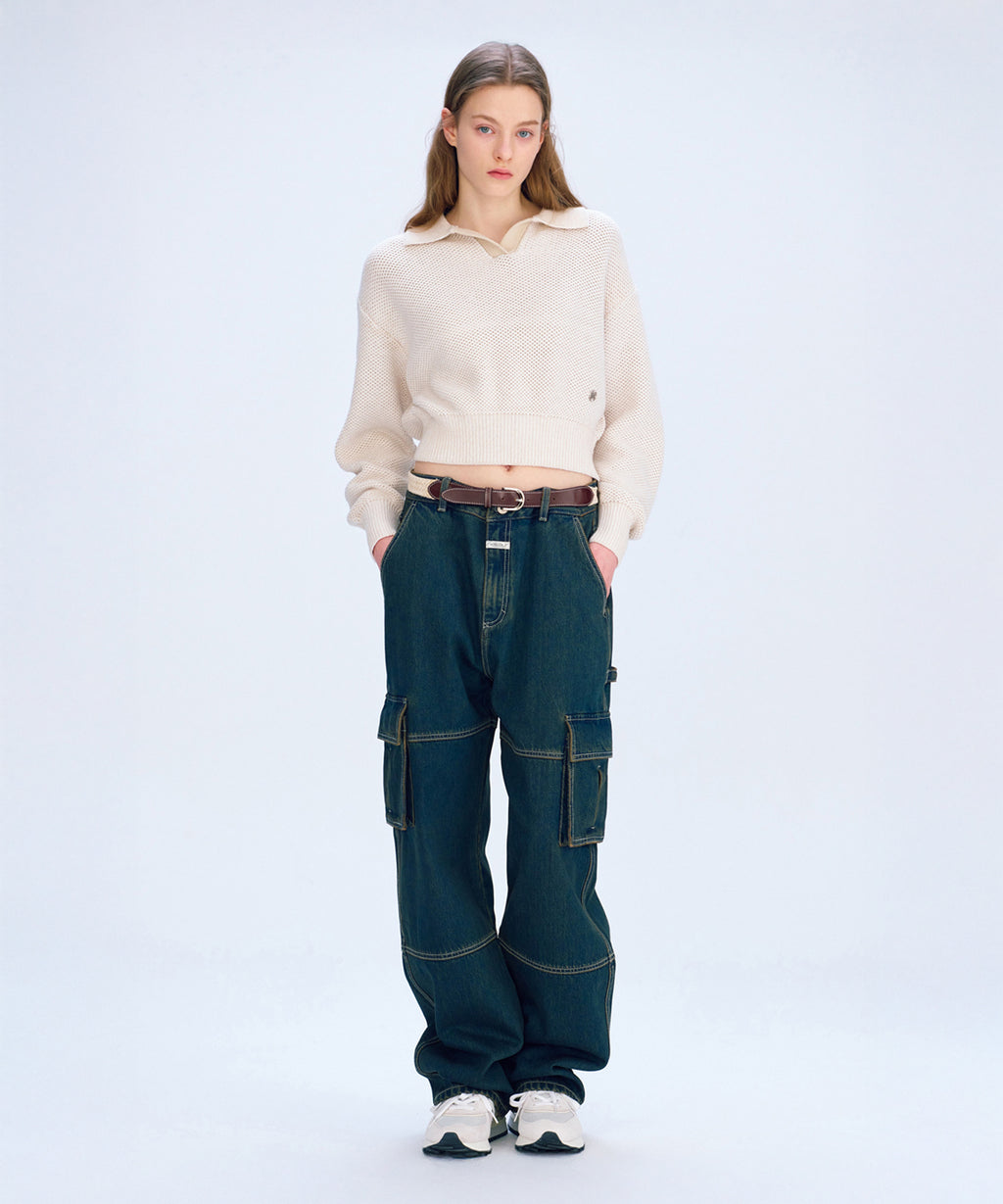 Marithe & Francois Girbaud - Cotton Blended Open Collar Crop Knit (Light Beige) product image 2 | TRAB K-Fashion Australia