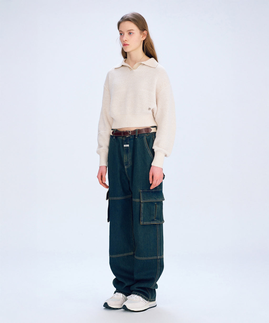 Marithe & Francois Girbaud - Cotton Blended Open Collar Crop Knit (Light Beige) product image 3 | TRAB K-Fashion Australia