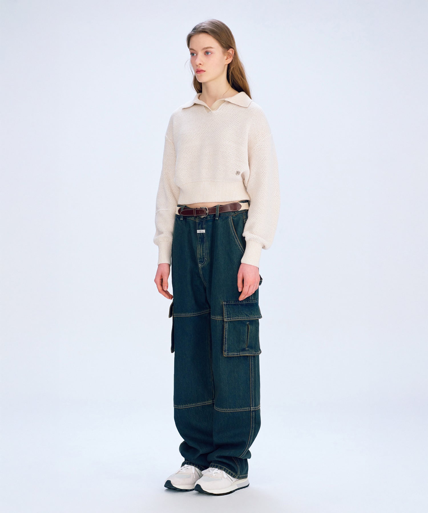 Marithe & Francois Girbaud - Cotton Blended Open Collar Crop Knit (Light Beige) product image 3 | TRAB K-Fashion Australia