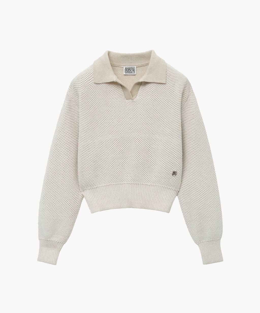 Marithe & Francois Girbaud - Cotton Blended Open Collar Crop Knit (Light Beige) product image 5 | TRAB K-Fashion Australia