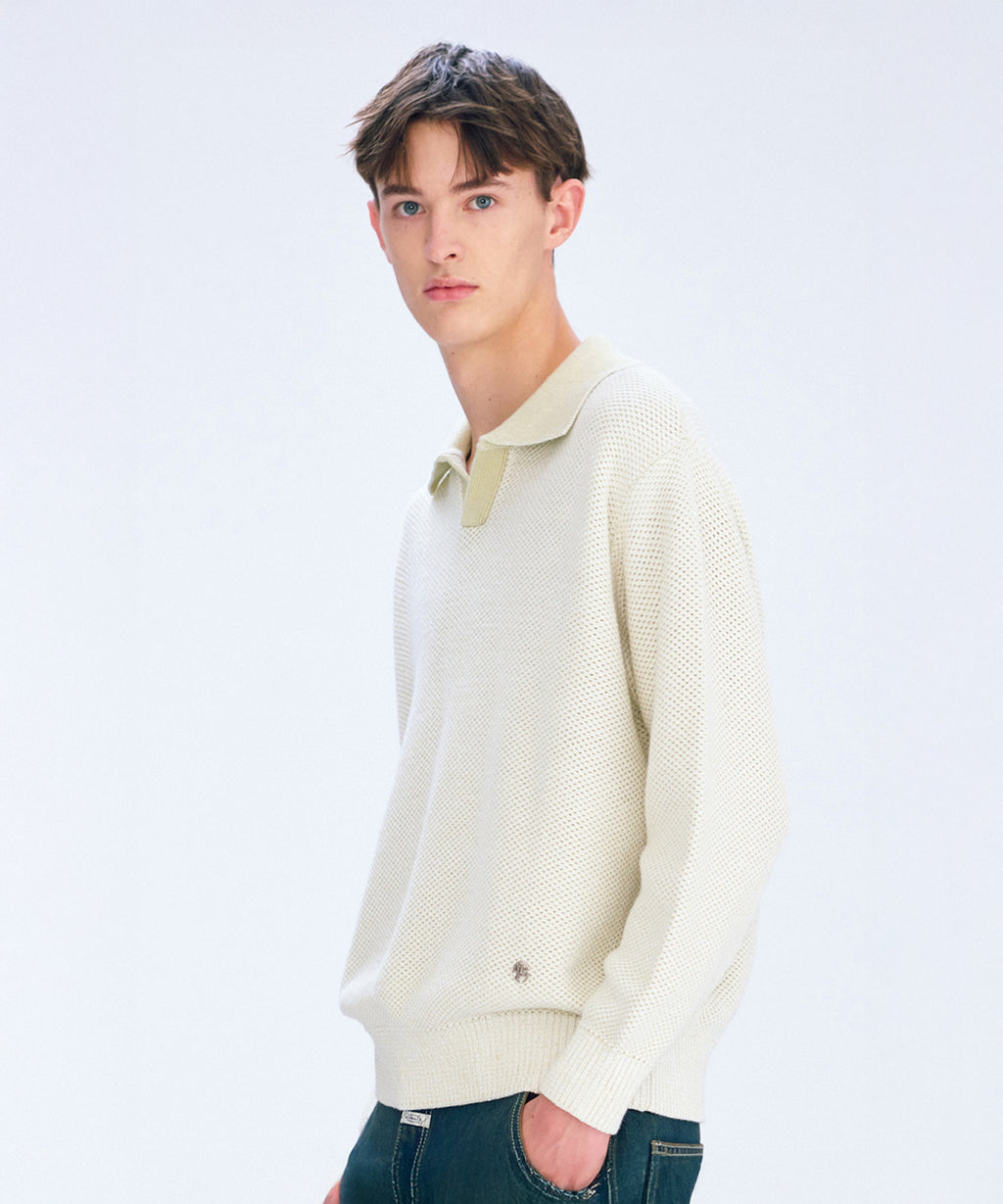Marithe & Francois Girbaud - Cotton Blended Open Collar Knit (Light Beige) product image 1 | TRAB K-Fashion Australia