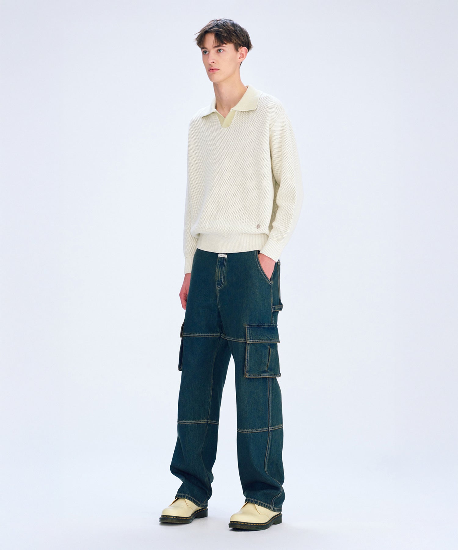 Marithe & Francois Girbaud - Cotton Blended Open Collar Knit (Light Beige) product image 3 | TRAB K-Fashion Australia