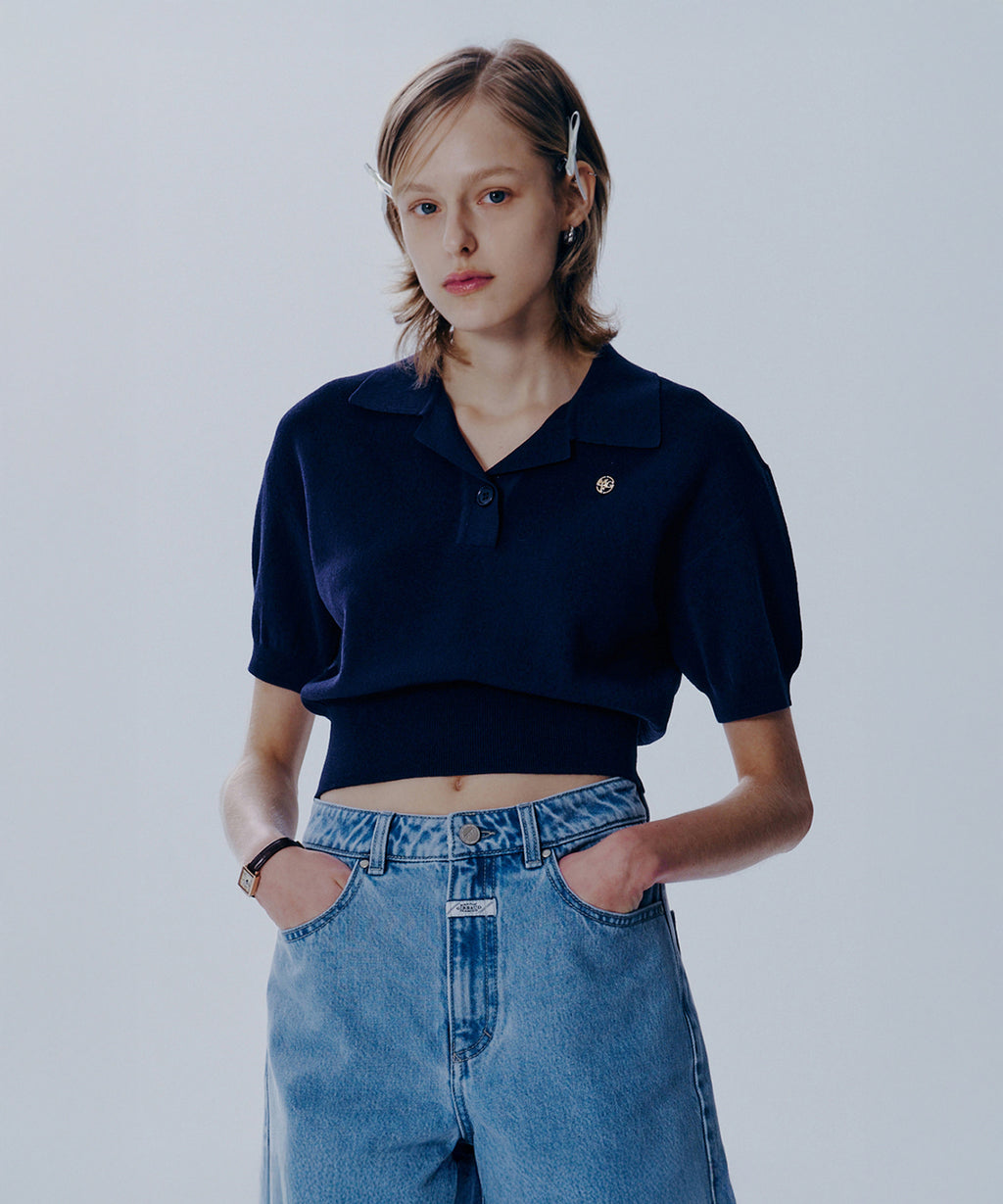Marithe & Francois Girbaud - Open Collar Crop Half Knit (Navy) product image 1 | TRAB K-Fashion Australia