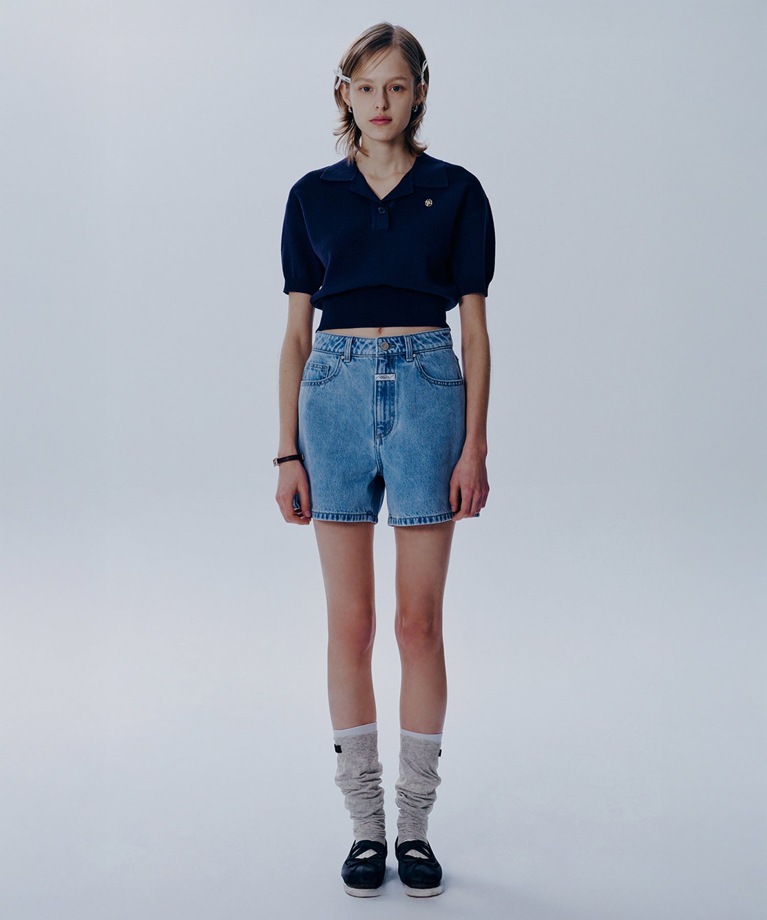 Marithe & Francois Girbaud - Open Collar Crop Half Knit (Navy) product image 2 | TRAB K-Fashion Australia