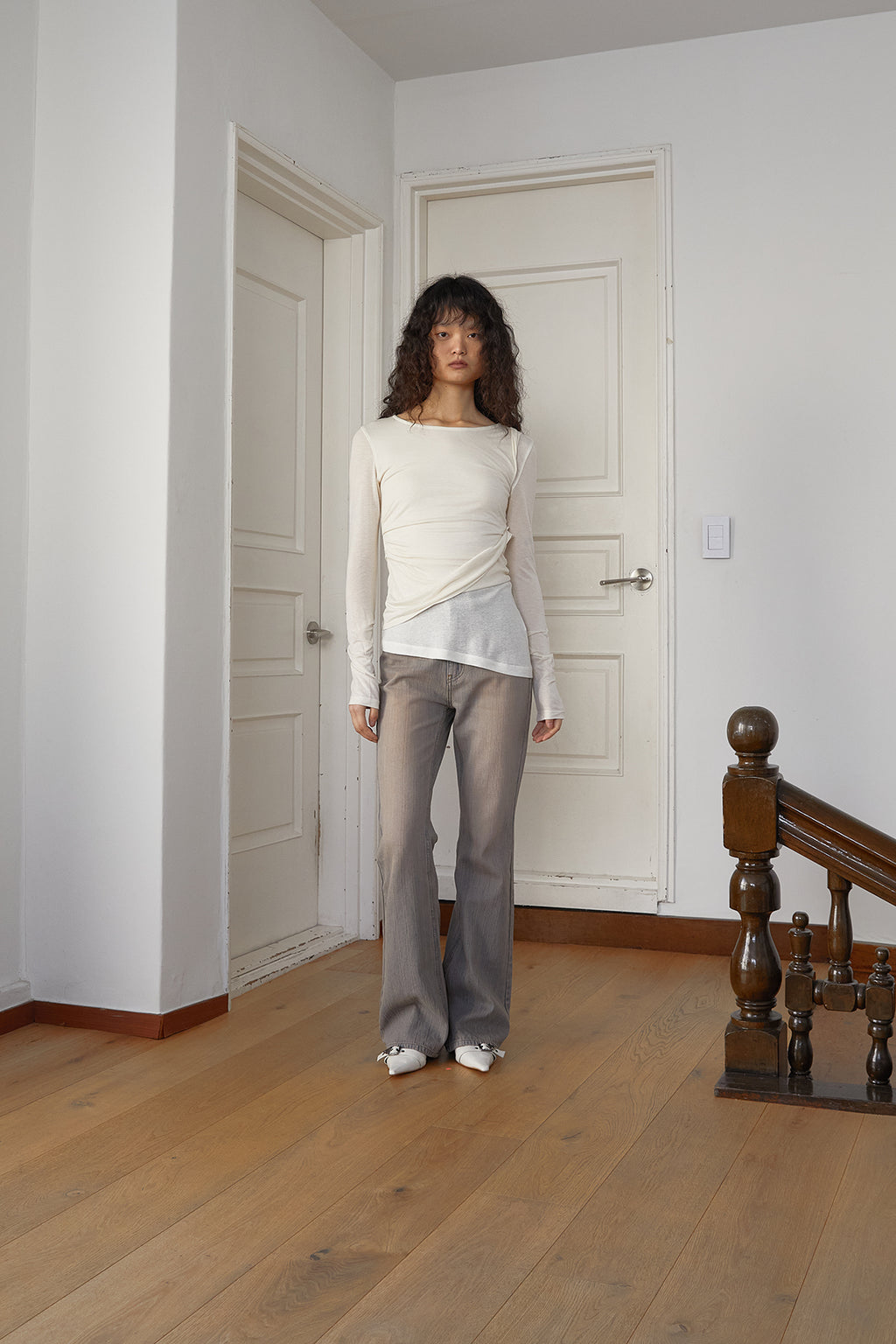 Matin Kim - Washed Stripe Boots Cut Denim Pants (Smoke Blue) product image 7 | TRAB K-Fashion Australia