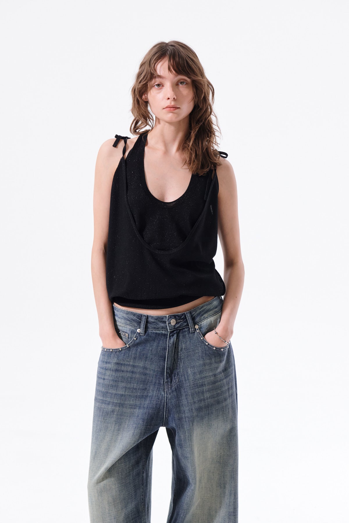 Matin Kim - Layered Tie Halter Neck Knit Top (Black) product image 18 | TRAB K-Fashion Australia
