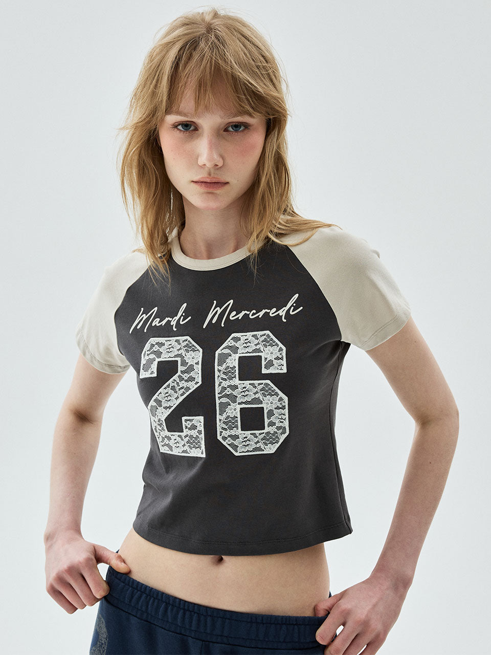 Mardi Mercredi - Cropped Tshirt Raglan No.26 Lace (Charcoal Beige) product image 1 | TRAB K-Fashion Australia