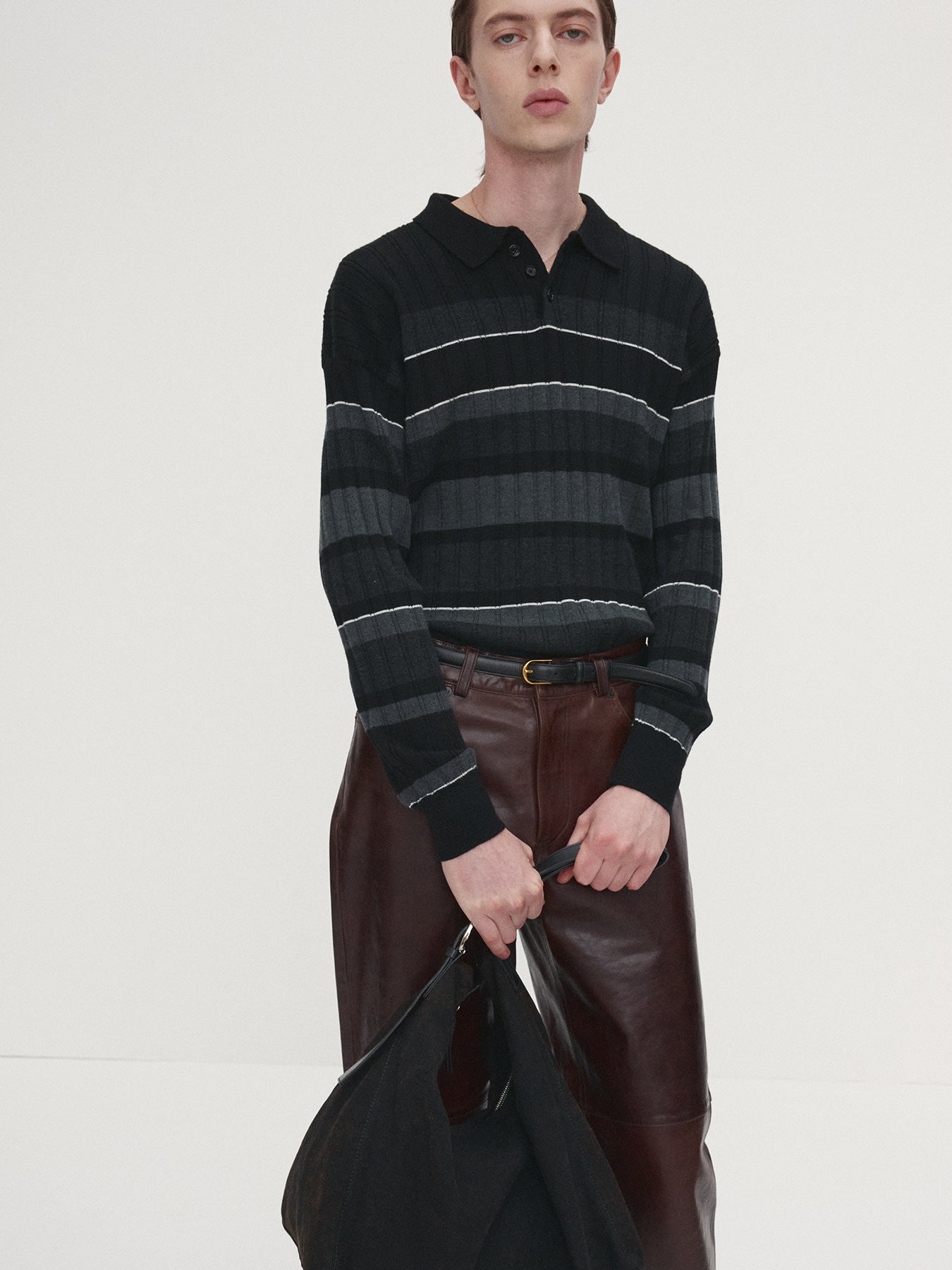 Tonywack - Super Fine Wool Ribbed Stripe Polo Knit (Black/Grey) product image 5 | TRAB K-Fashion Australia