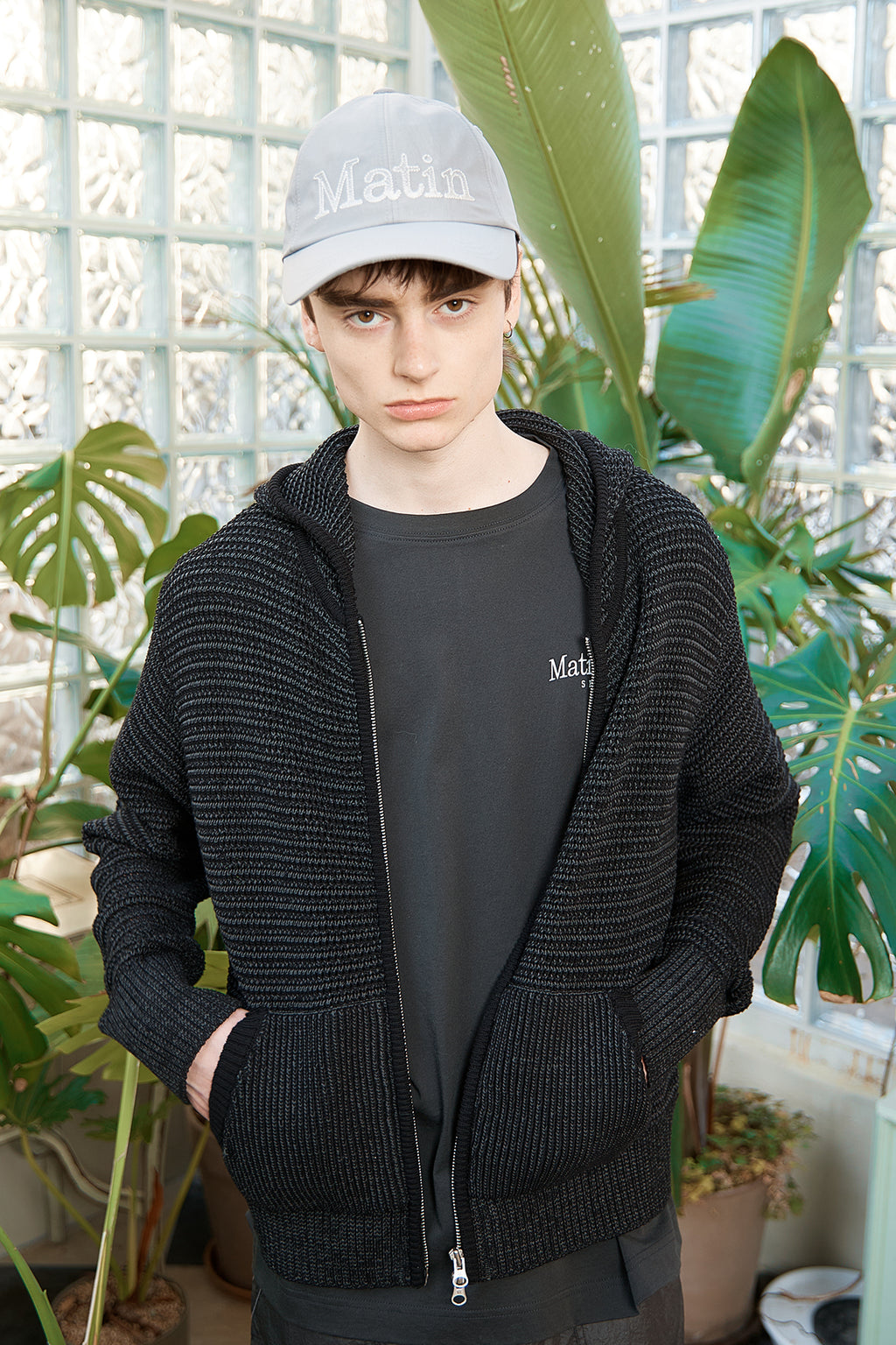 Matin Kim - Two Tone Mesh Knit Hoody Zip Up (Black) product image 16 | TRAB K-Fashion Australia