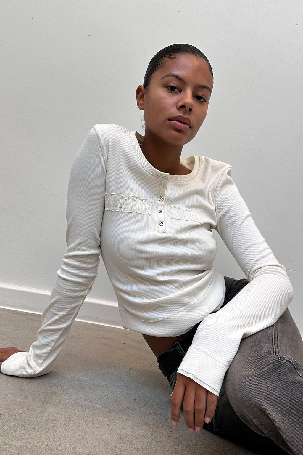 Matin Kim - Applique Logo Henly Neck Slim Top (Ivory) product image 6 | TRAB K-Fashion Australia