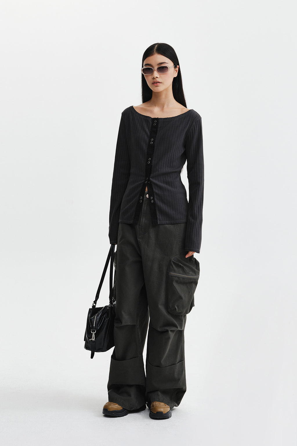 Matin Kim - Vintage Washed Ribbed Snap Top (Black) product image 9 | TRAB K-Fashion Australia