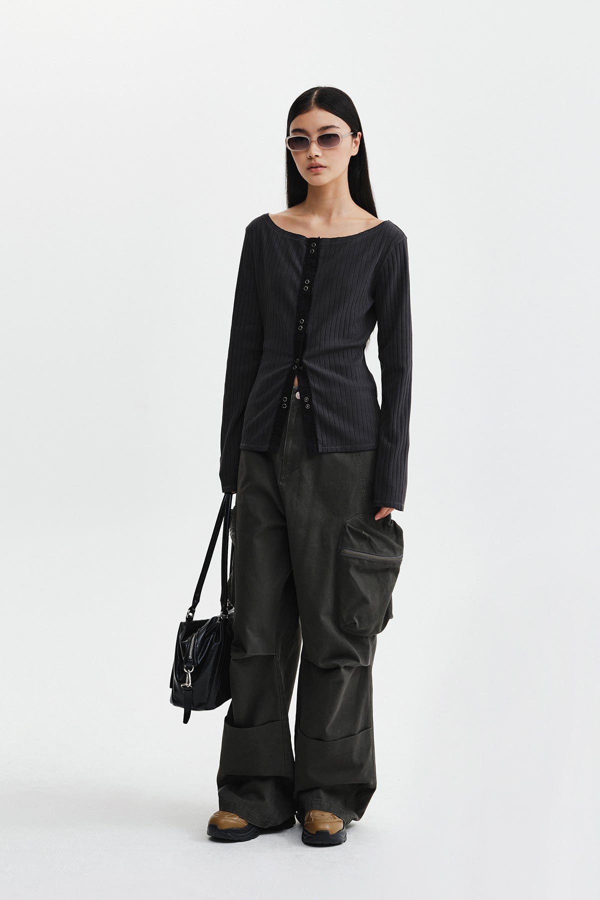 Matin Kim - Vintage Washed Ribbed Snap Top (Black) product image 9 | TRAB K-Fashion Australia