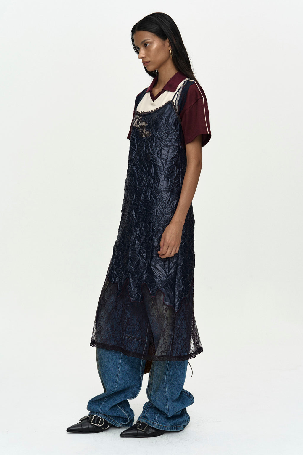 Andersson Bell - Lace Trimmed Polo Jersey Top (Wine/Light Yellow) product image 9 | TRAB K-Fashion Australia