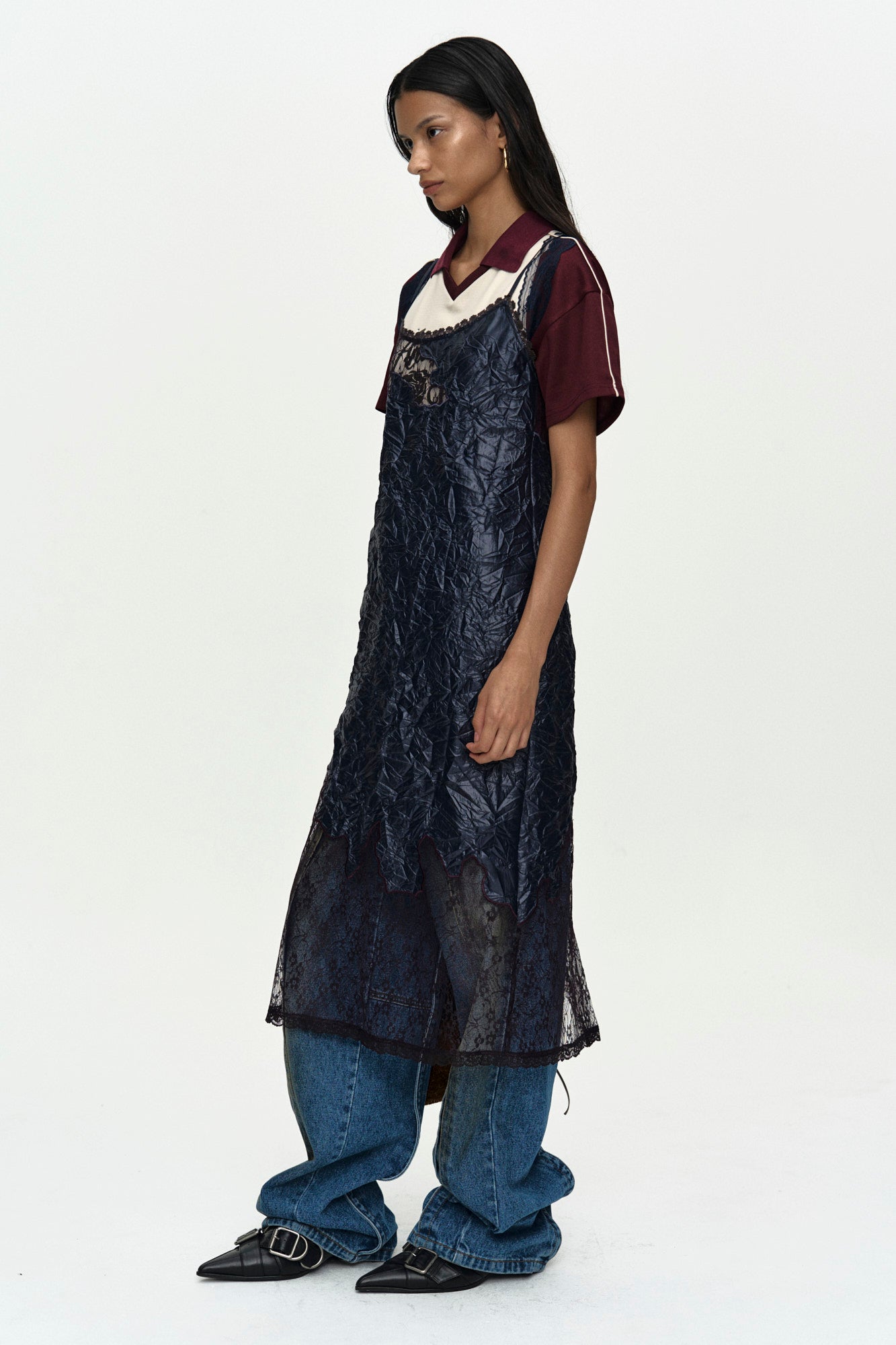 Andersson Bell - Lace Trimmed Polo Jersey Top (Wine/Light Yellow) product image 9 | TRAB K-Fashion Australia