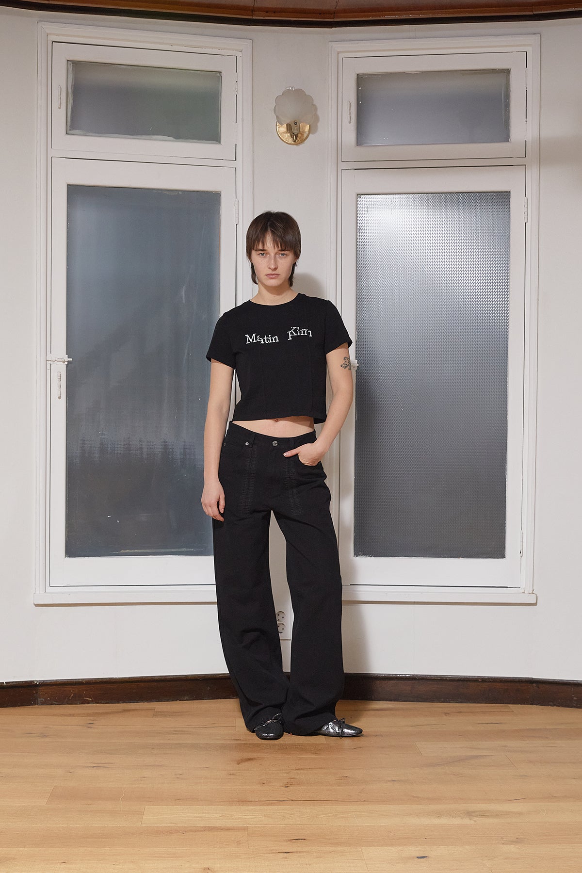 Matin Kim - Unbalance Typo Logo Crop Top (Black) product image 5 | TRAB K-Fashion Australia