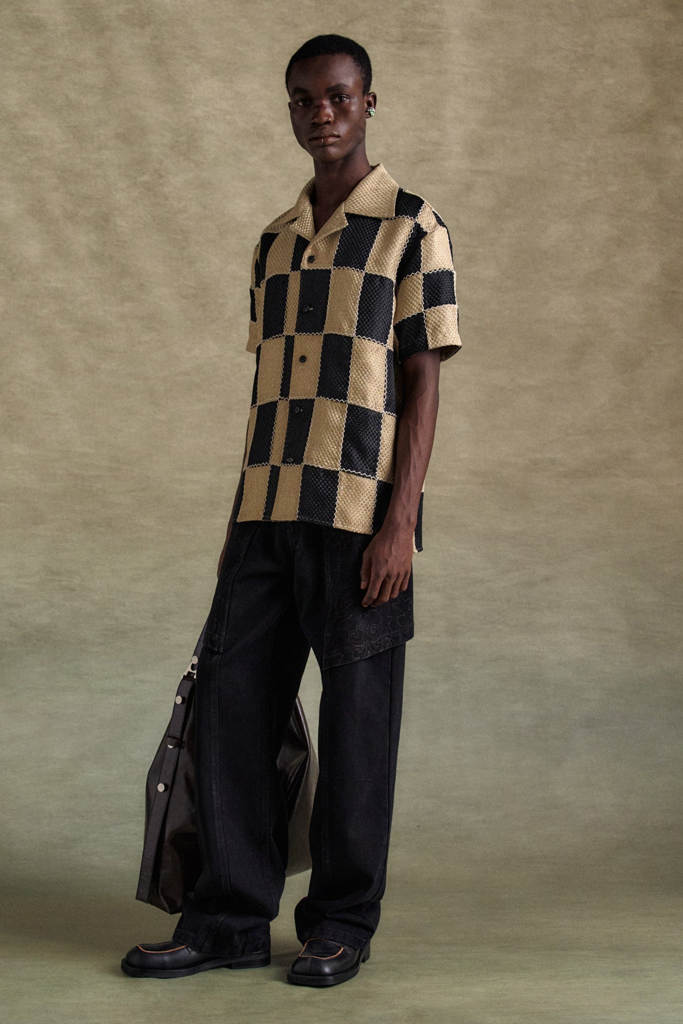 Andersson Bell - Patchwork Open Collar Shirts (Black/Beige) product image 4 | TRAB K-Fashion Australia