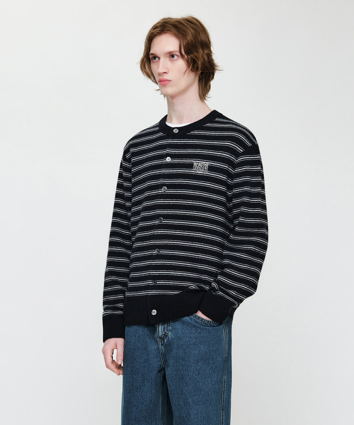 Marithe & Francois Girbaud - Premium Small Classic Logo Wool Round Neck Cardigan (Navy) product image 2 | TRAB K-Fashion Australia