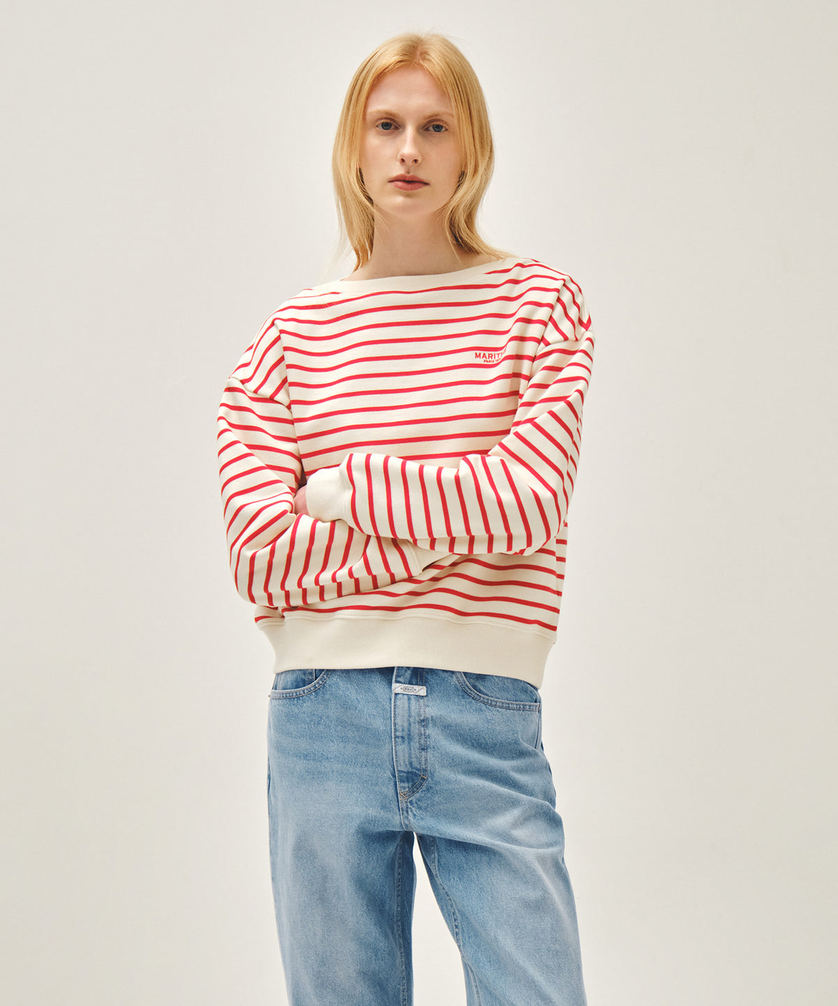 Marithe & Francois Girbaud - Stripe Boatneck Crop Sweatshirt (Red) product image 1 | TRAB K-Fashion Australia