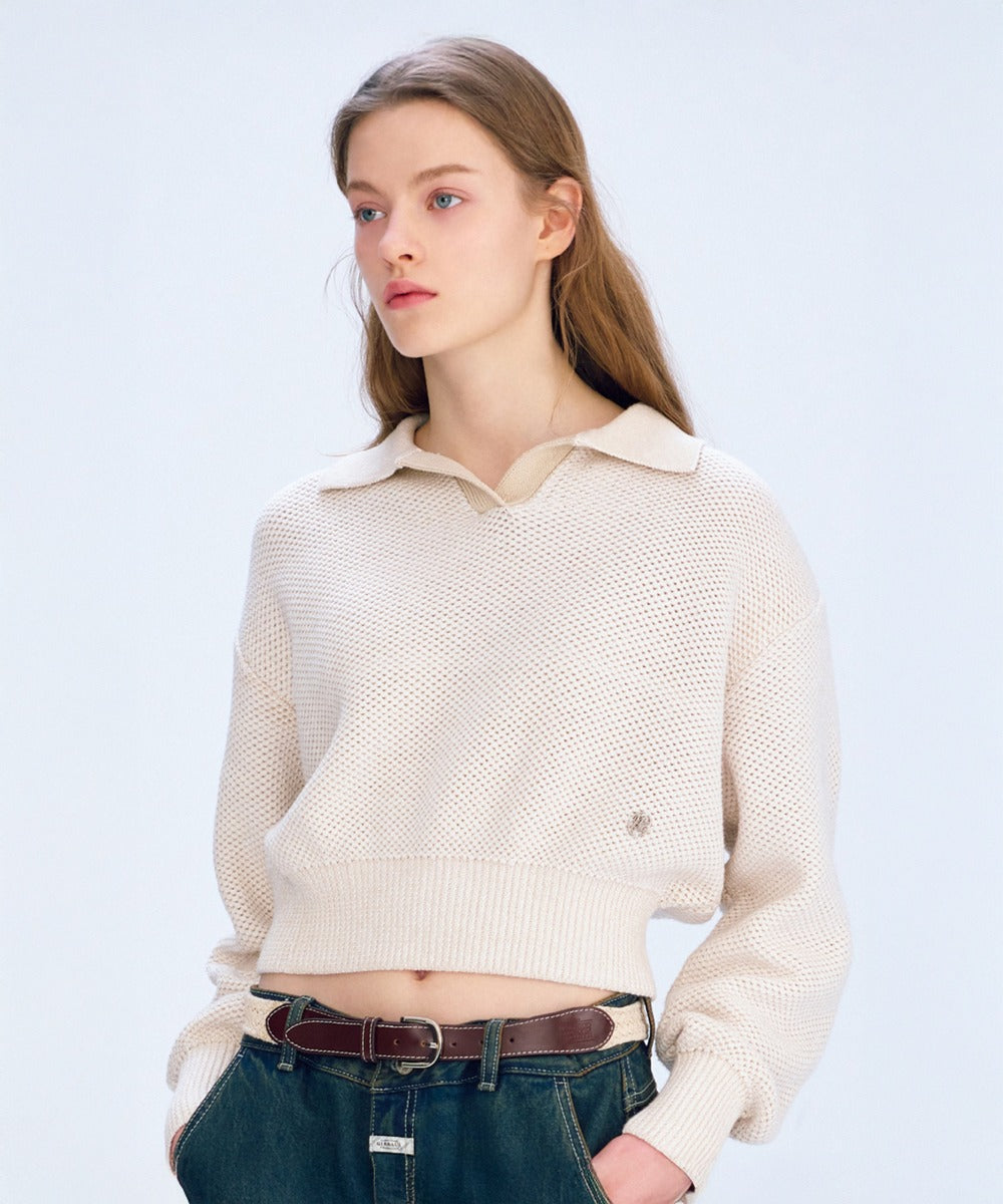 Marithe & Francois Girbaud - Cotton Blended Open Collar Crop Knit (Light Beige) product image 1 | TRAB K-Fashion Australia