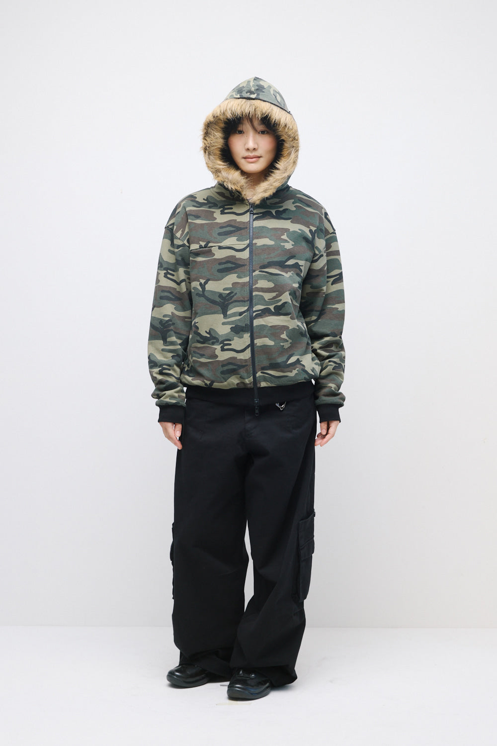Hatchingroom - Reversible Faux Fur Hoodie (Black/Camo Khaki) product image 18 | TRAB K-Fashion Australia