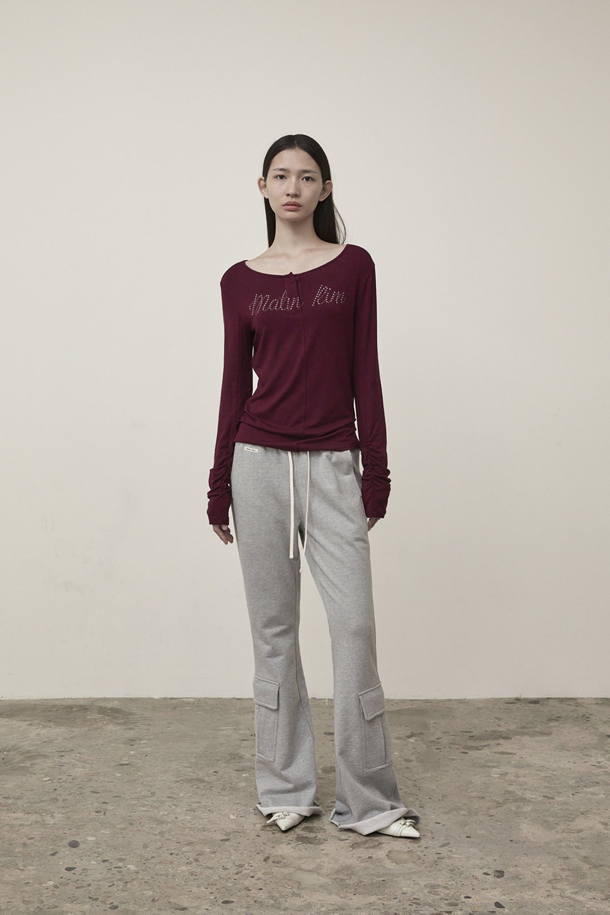 Matin Kim - Henly Neck Shirring Top (Burgundy) product image 8 | TRAB K-Fashion Australia