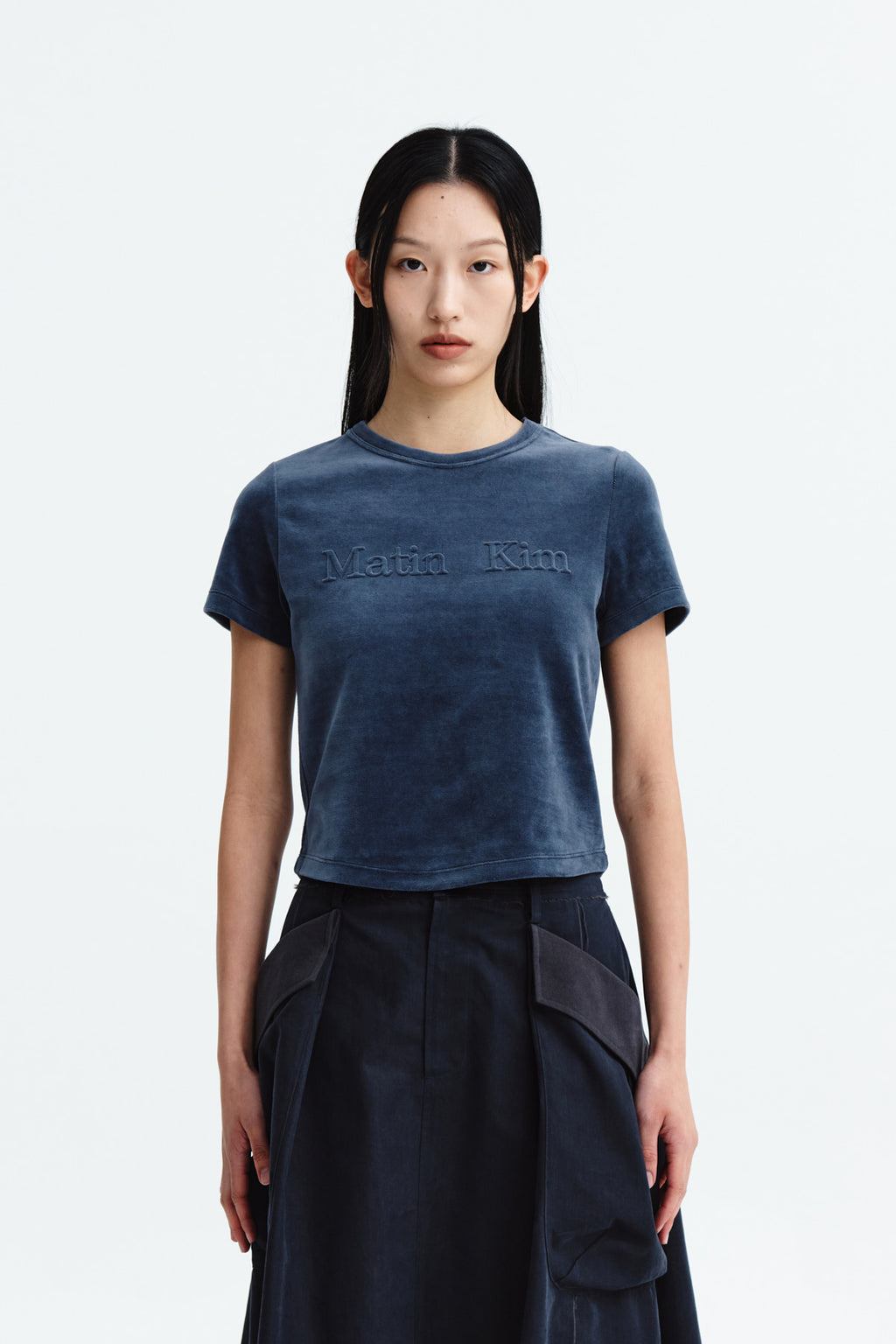 Matin Kim - Logo Emboss Velvet Crop Top (Smoke Blue) product image 10 | TRAB K-Fashion Australia