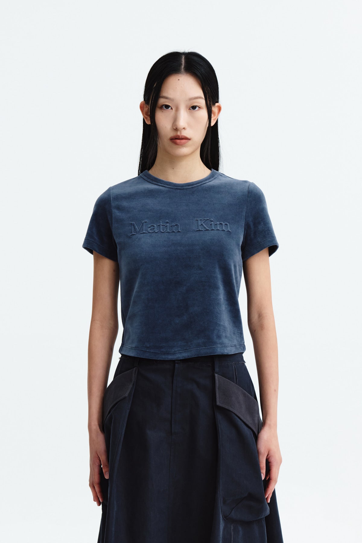Matin Kim - Logo Emboss Velvet Crop Top (Smoke Blue) product image 10 | TRAB K-Fashion Australia