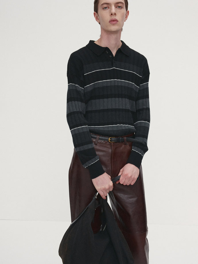 Tonywack - Super Fine Wool Ribbed Stripe Polo Knit (Black/Grey) product image 5 | TRAB K-Fashion Australia