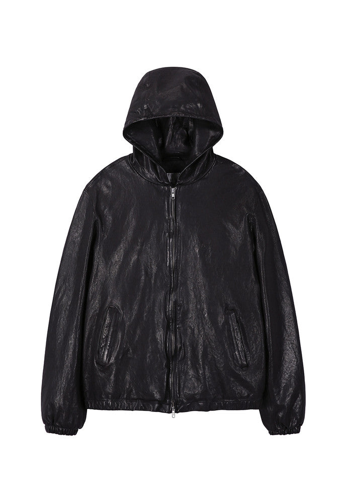 Art if acts - Washed Leather Hooded Zip-up Jacket (Black) product image 7 | TRAB K-Fashion Australia