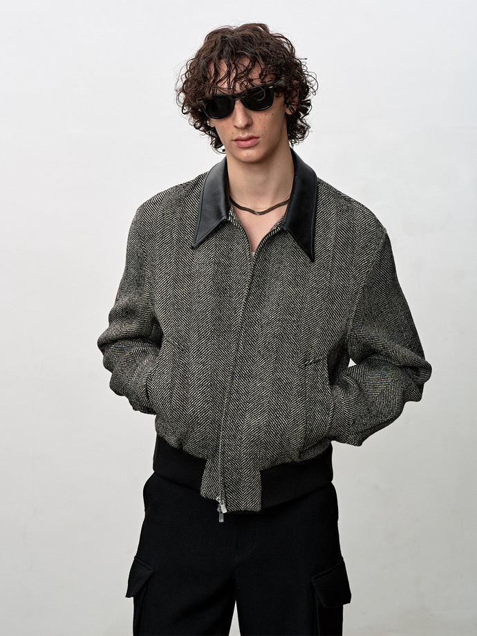 Tonywack - Leather Trim Wool Herringbone Blouson (Black Ecru Herringbone) product image 6 | TRAB K-Fashion Australia