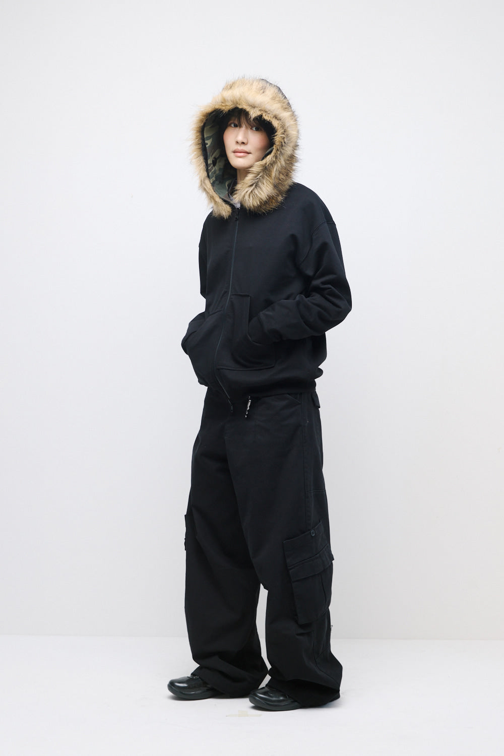 Hatchingroom - Reversible Faux Fur Hoodie (Black/Camo Khaki) product image 12 | TRAB K-Fashion Australia