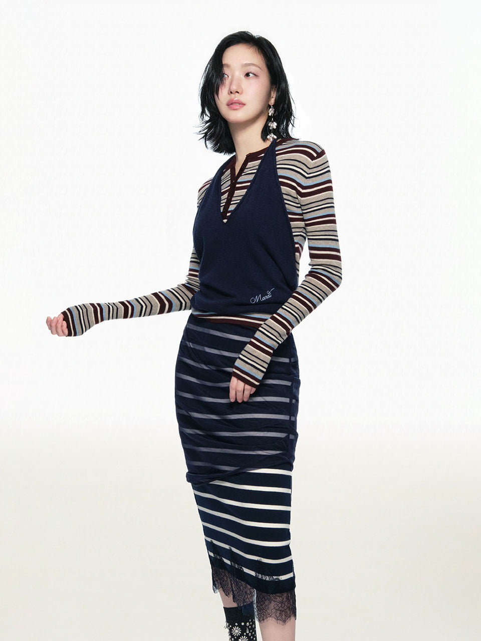 Mardi Mercredi - Lace Hem Maxi Skirt Stripe Layered (Navy) product image 1 | TRAB K-Fashion Australia