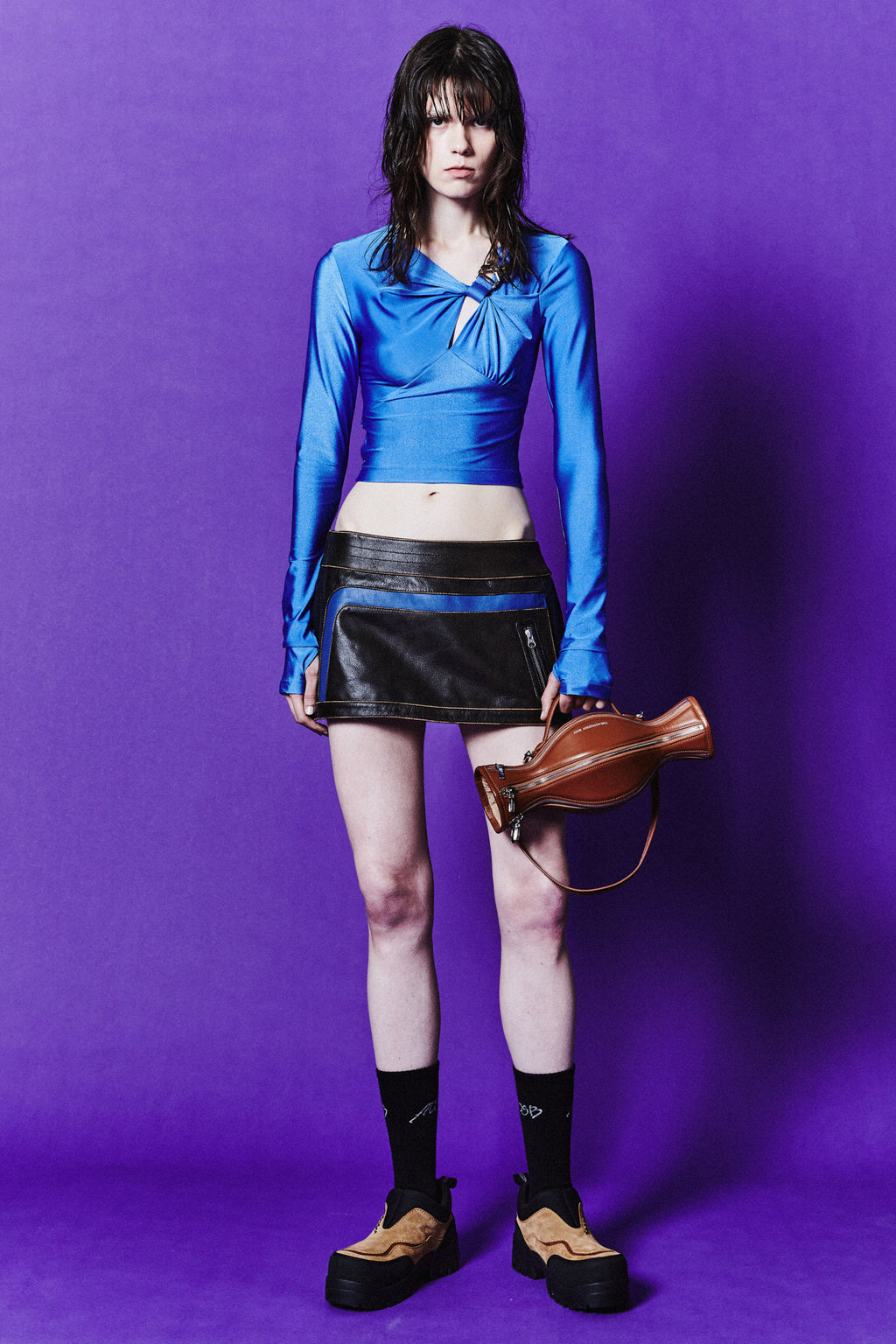 Andersson Bell - Denim Combo Racing Leather Skirts (Brown) product image 2 | TRAB K-Fashion Australia