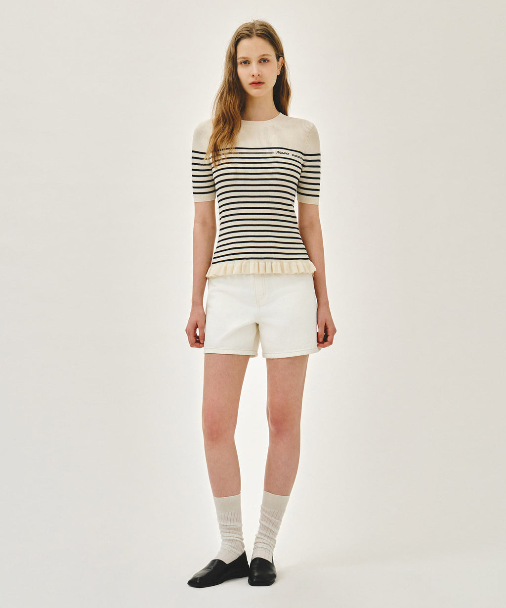Marithe & Francois Girbaud - Ruffle Point Stripe Half Knit Pullover (Beige) product image 5 | TRAB K-Fashion Australia
