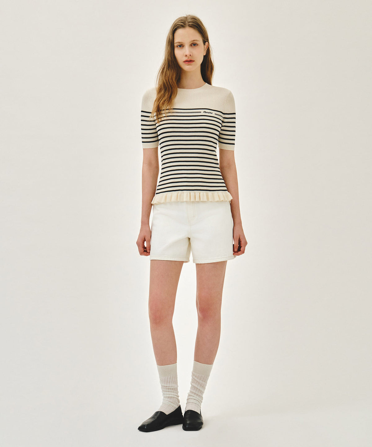 Marithe & Francois Girbaud - Ruffle Point Stripe Half Knit Pullover (Beige) product image 5 | TRAB K-Fashion Australia