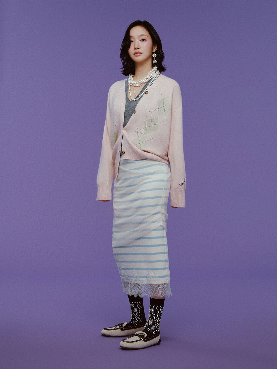 Mardi Mercredi - Lace Hem Maxi Skirt Stripe Layered (Sky) product image 1 | TRAB K-Fashion Australia