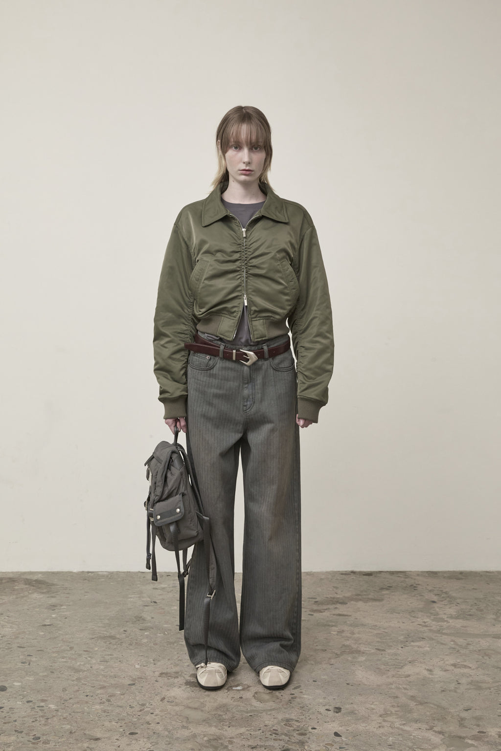 Matin Kim - Applique Logo Shirring Bomber Jumper (Khaki) product image 6 | TRAB K-Fashion Australia