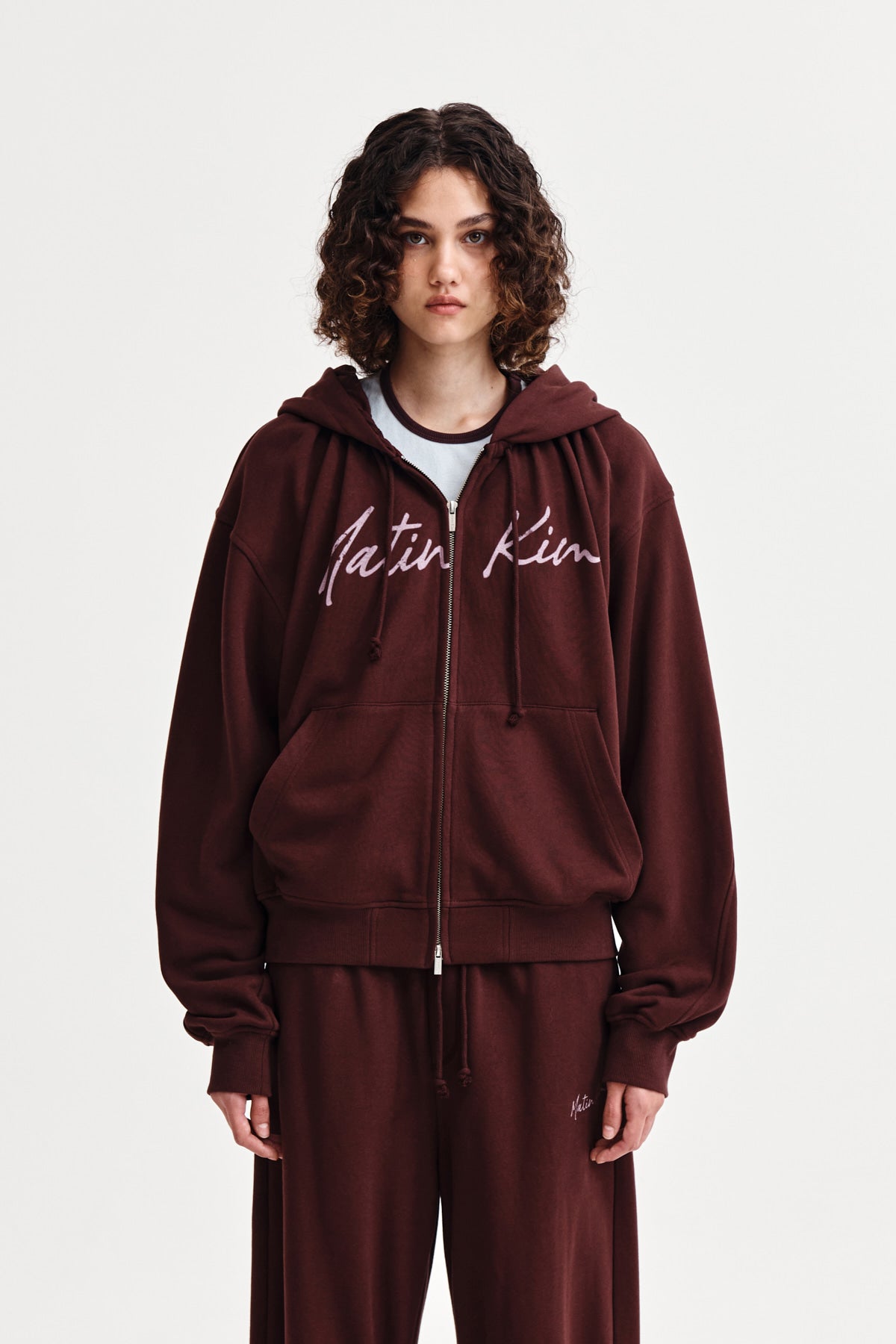 Matin Kim - Drawstring Point Zip Up Hoody (Burgundy) product image 5 | TRAB K-Fashion Australia